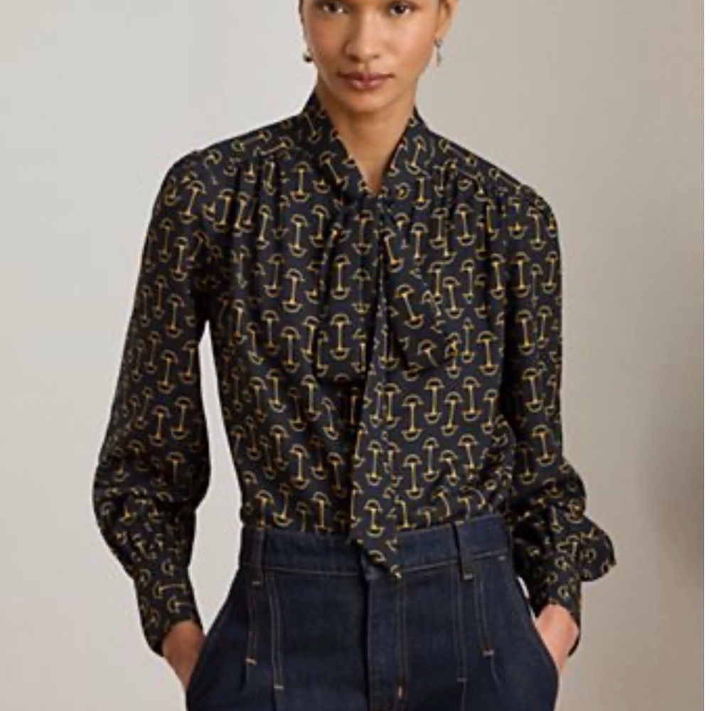 Ralph Lauren Black and Gold Patterned Long Sleeve Tie Neck Blouse